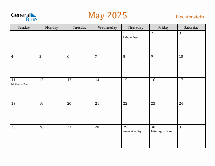 May 2025 Holiday Calendar with Sunday Start