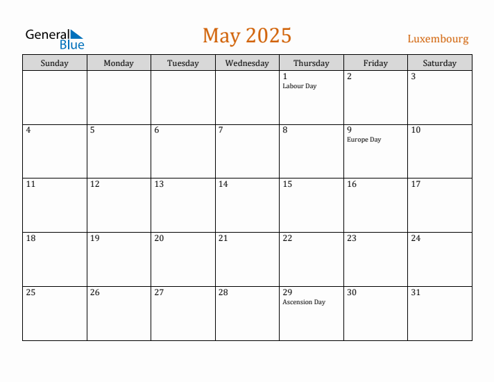 May 2025 Holiday Calendar with Sunday Start