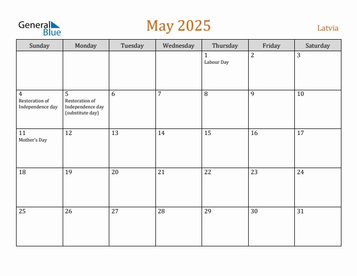 May 2025 Holiday Calendar with Sunday Start