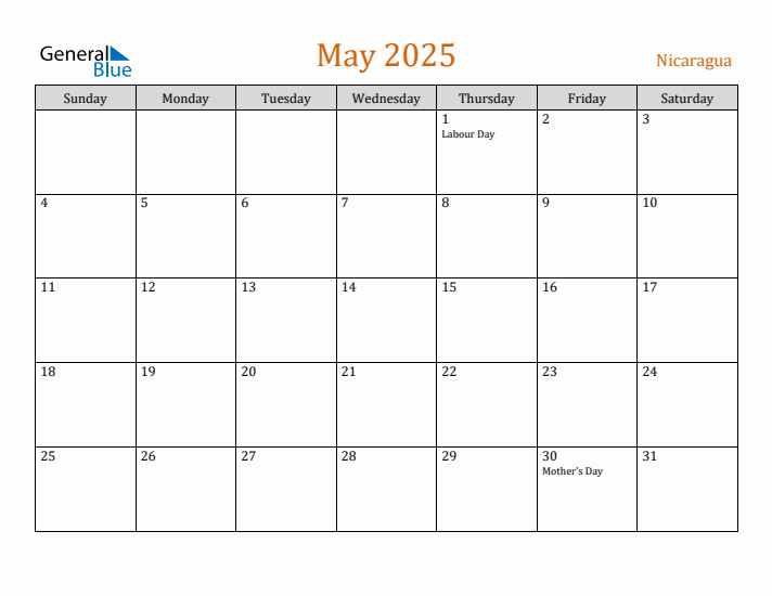 May 2025 Holiday Calendar with Sunday Start