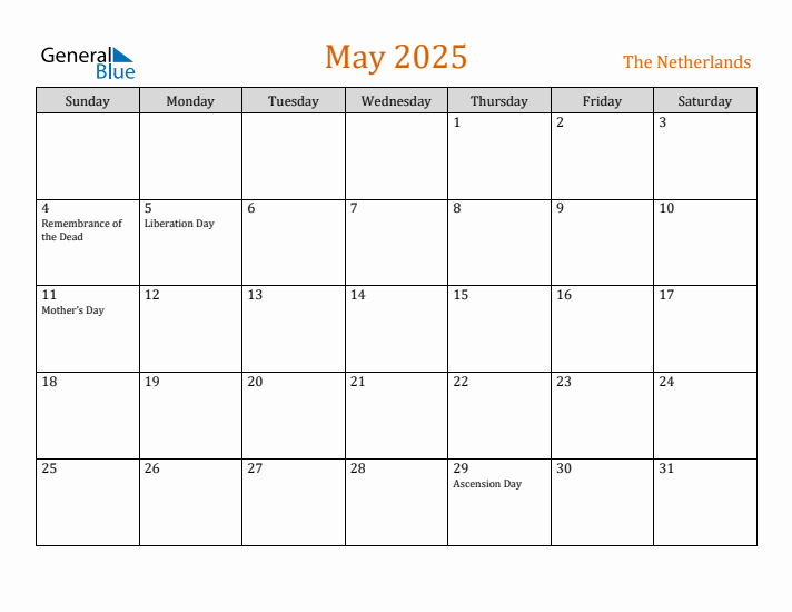 May 2025 Holiday Calendar with Sunday Start