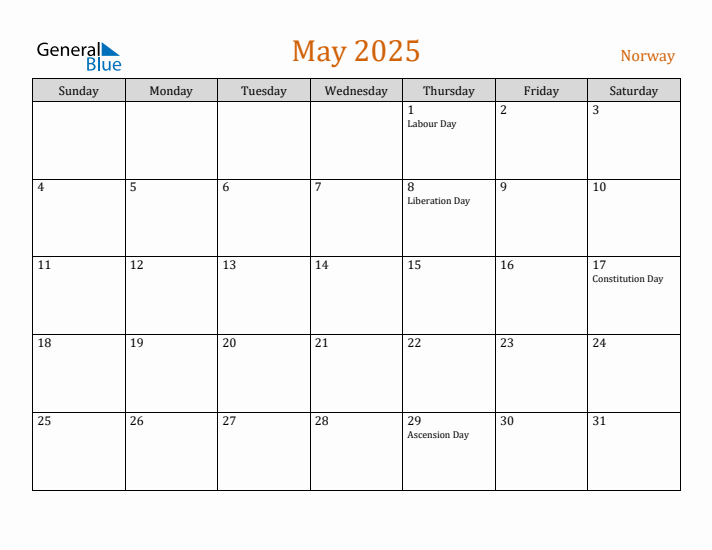 May 2025 Holiday Calendar with Sunday Start