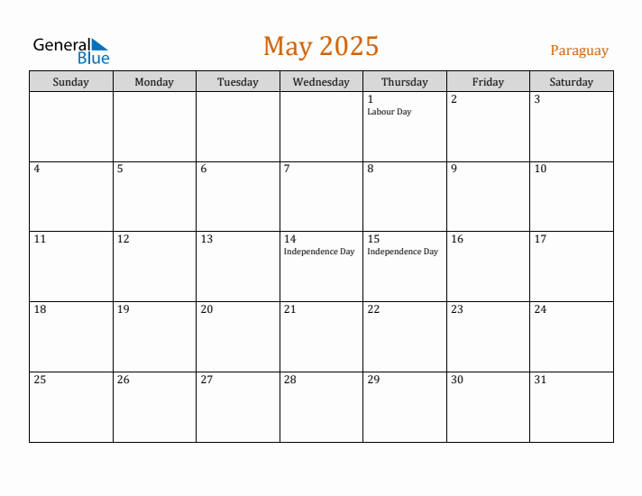 May 2025 Holiday Calendar with Sunday Start