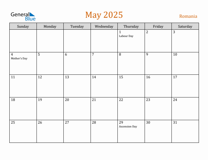 May 2025 Holiday Calendar with Sunday Start