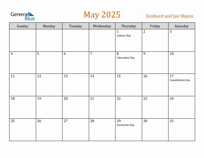 May 2025 Holiday Calendar with Sunday Start