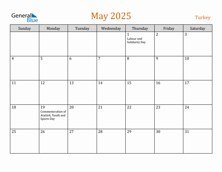 May 2025 Holiday Calendar with Sunday Start