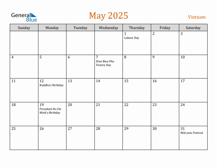 May 2025 Holiday Calendar with Sunday Start