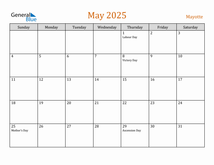 May 2025 Holiday Calendar with Sunday Start