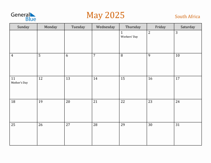 May 2025 Holiday Calendar with Sunday Start