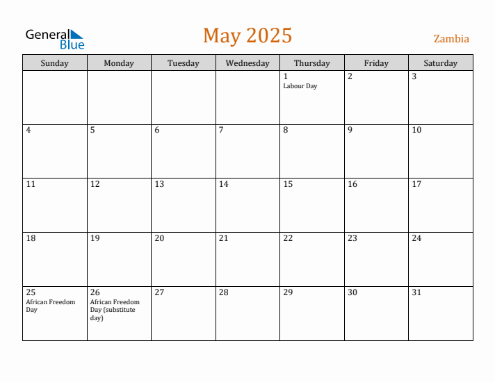 May 2025 Holiday Calendar with Sunday Start