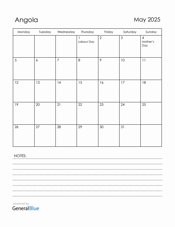 May 2025 Angola Calendar with Holidays (Monday Start)