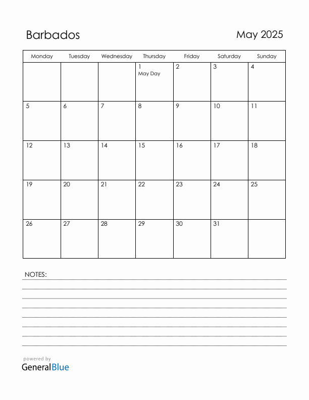 May 2025 Barbados Calendar with Holidays (Monday Start)