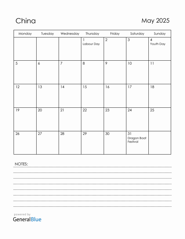 May 2025 China Calendar with Holidays (Monday Start)