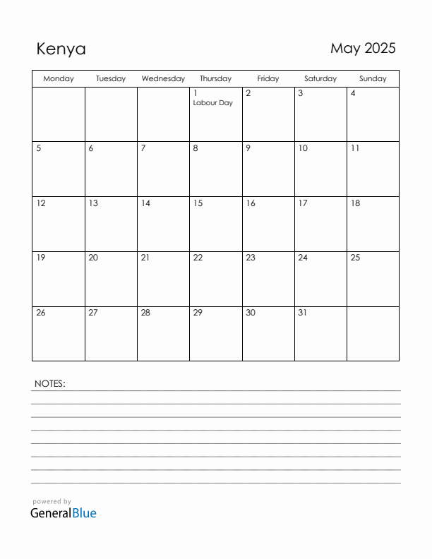 May 2025 Kenya Calendar with Holidays (Monday Start)