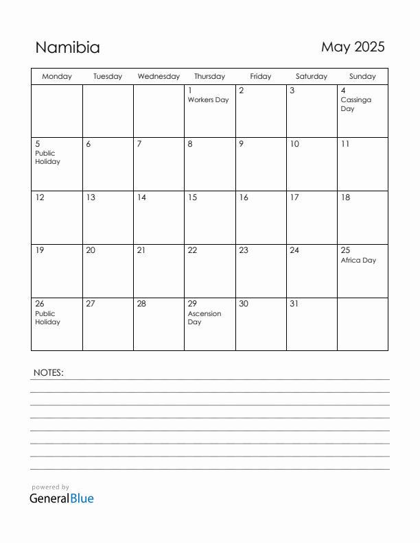 May 2025 Namibia Calendar with Holidays (Monday Start)