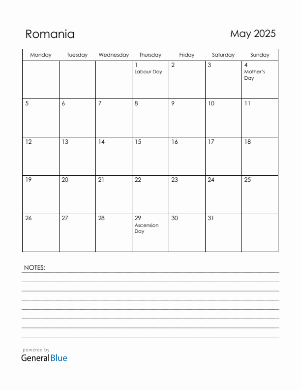 May 2025 Romania Calendar with Holidays (Monday Start)