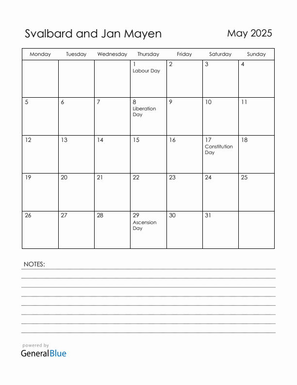 May 2025 Svalbard and Jan Mayen Calendar with Holidays (Monday Start)