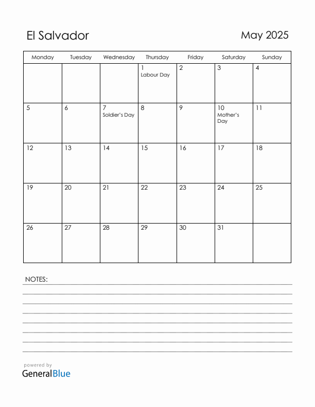 May 2025 El Salvador Calendar with Holidays (Monday Start)