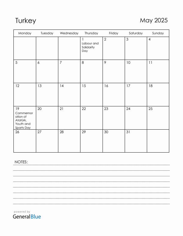 May 2025 Turkey Calendar with Holidays (Monday Start)