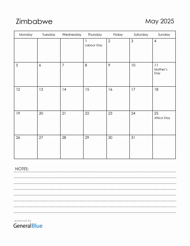 May 2025 Zimbabwe Calendar with Holidays (Monday Start)