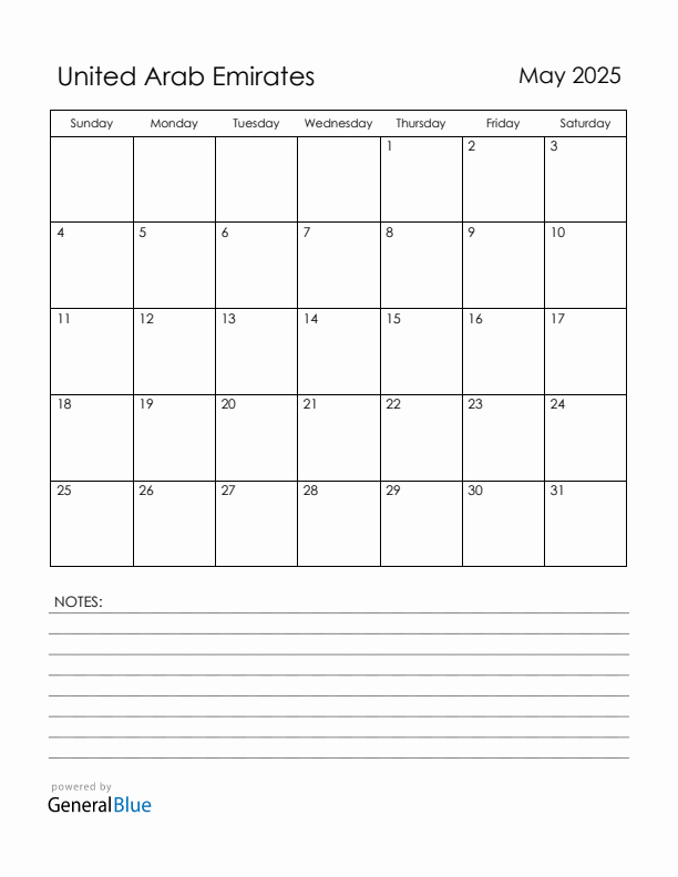 May 2025 United Arab Emirates Calendar with Holidays (Sunday Start)