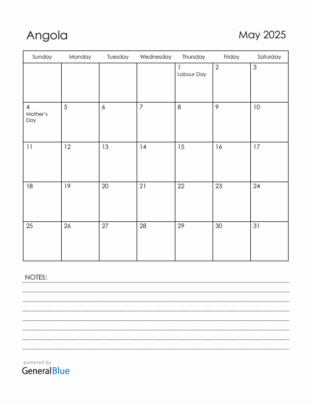 May 2025 Angola Calendar with Holidays (Sunday Start)