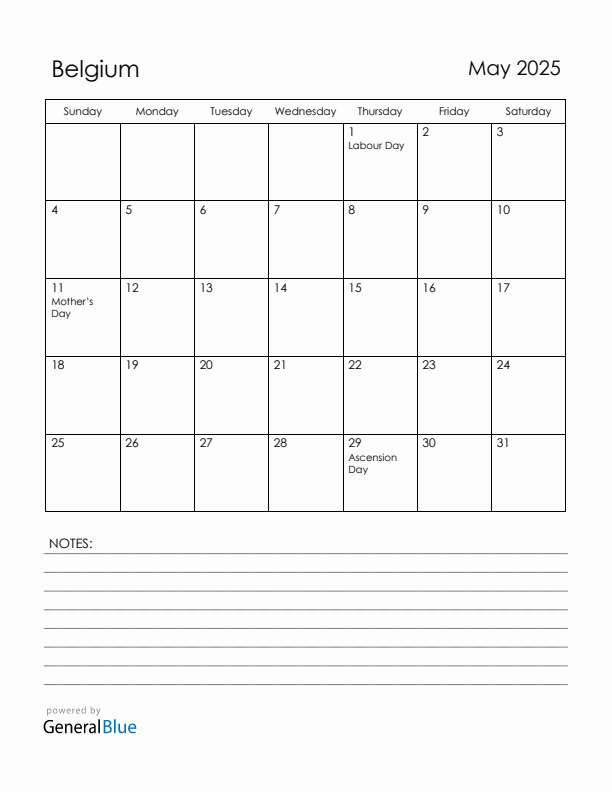 May 2025 Belgium Calendar with Holidays (Sunday Start)