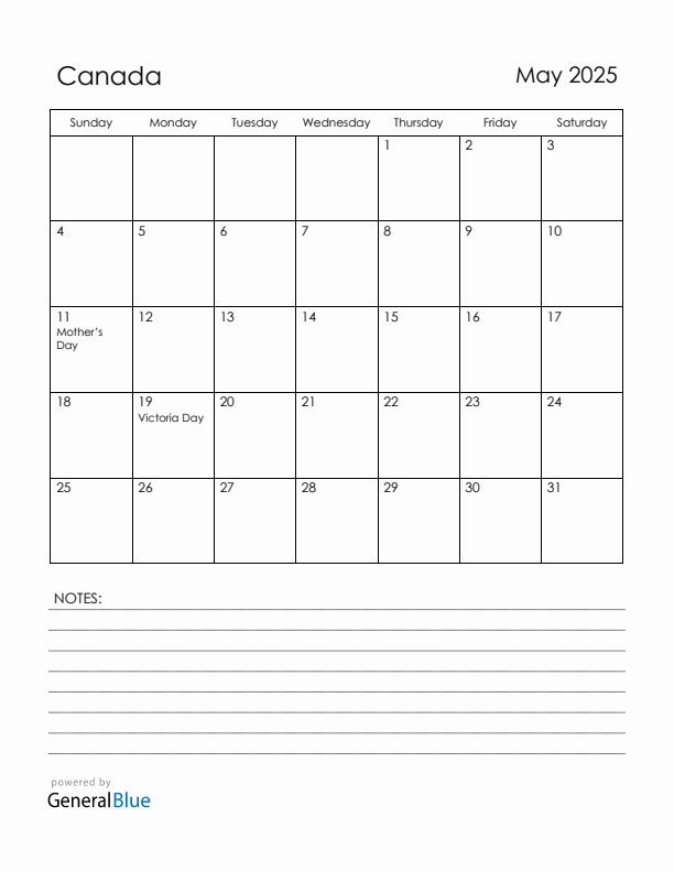 May 2025 Canada Calendar with Holidays (Sunday Start)