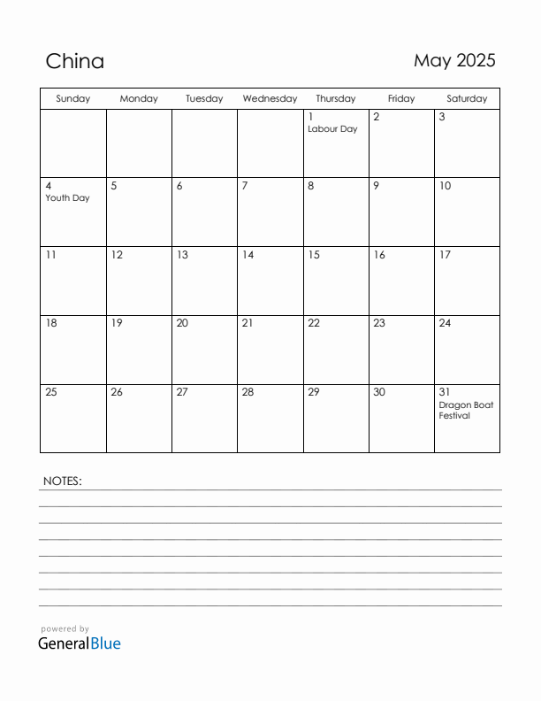 May 2025 China Calendar with Holidays (Sunday Start)