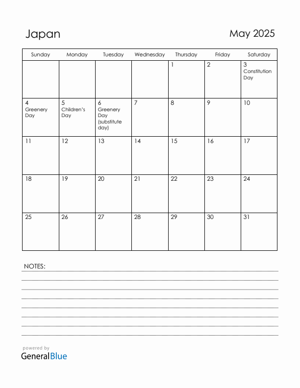 May 2025 Japan Calendar with Holidays (Sunday Start)