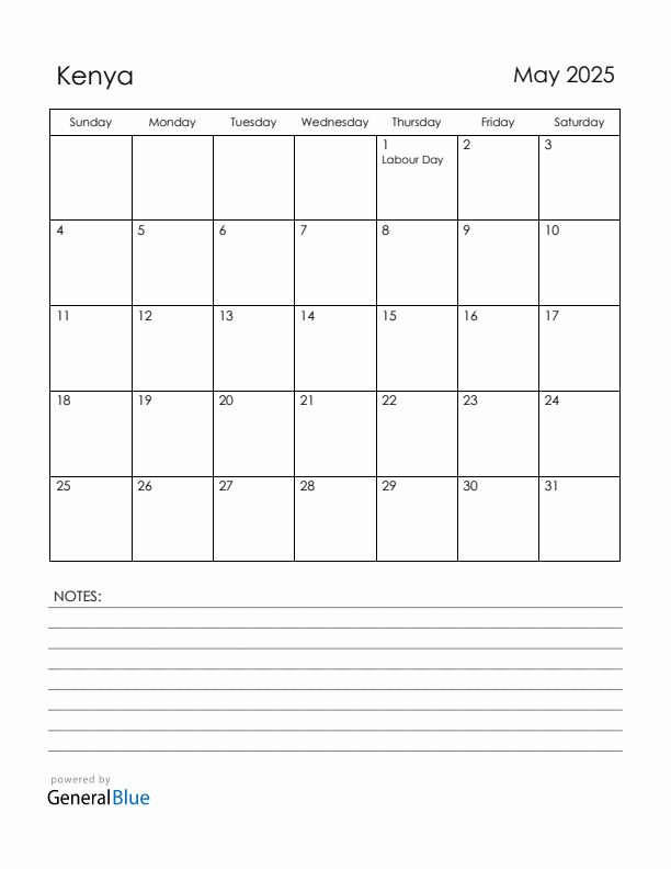 May 2025 Kenya Calendar with Holidays (Sunday Start)