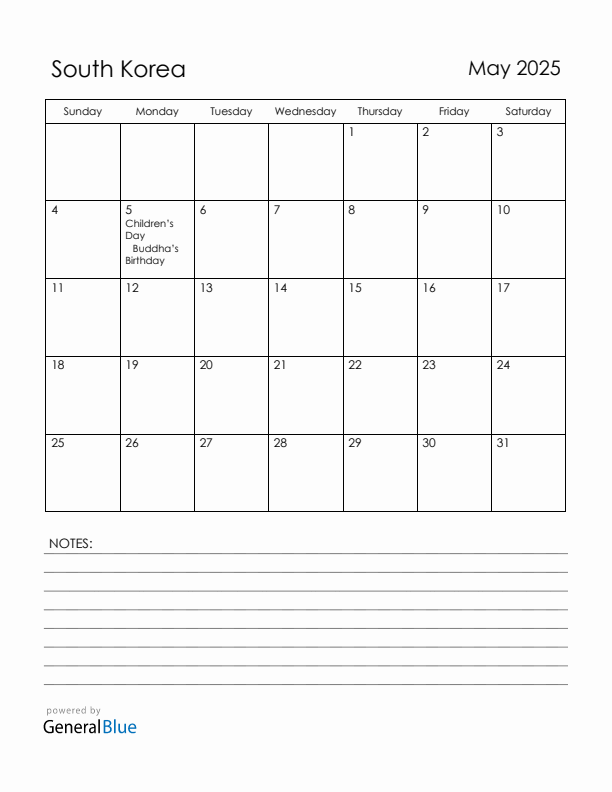 May 2025 South Korea Calendar with Holidays (Sunday Start)