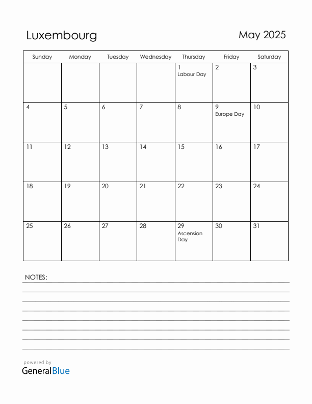 May 2025 Luxembourg Calendar with Holidays (Sunday Start)