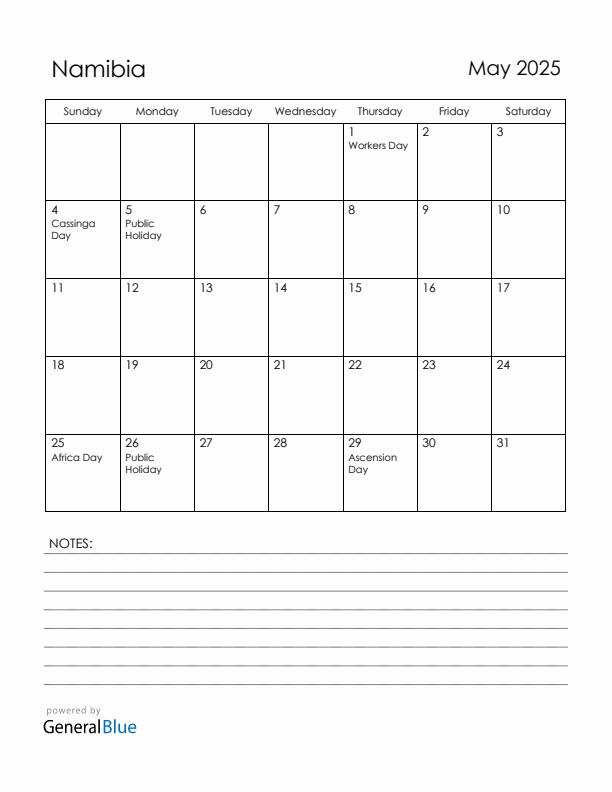 May 2025 Namibia Calendar with Holidays (Sunday Start)