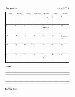 Current month calendar with Norway holidays for May 2025