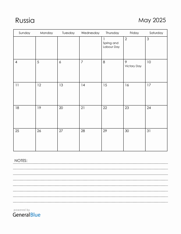 May 2025 Russia Calendar with Holidays (Sunday Start)