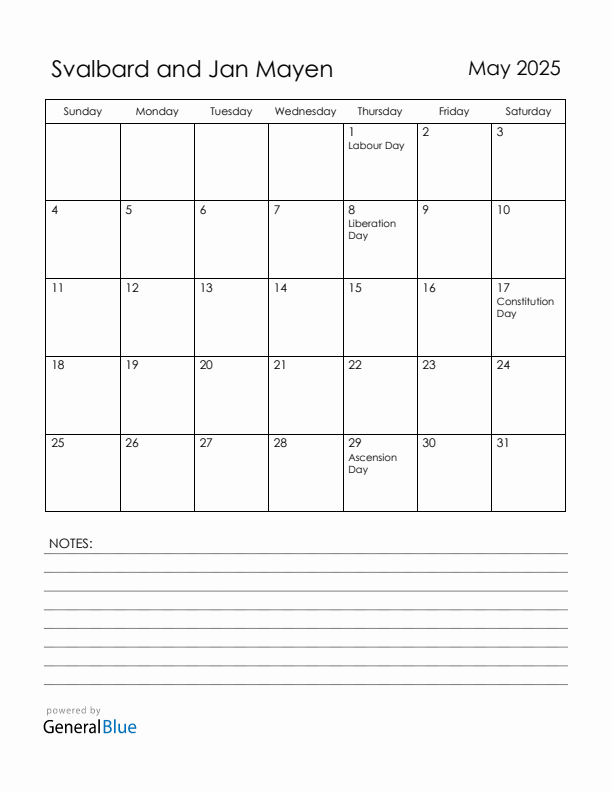 May 2025 Svalbard and Jan Mayen Calendar with Holidays (Sunday Start)