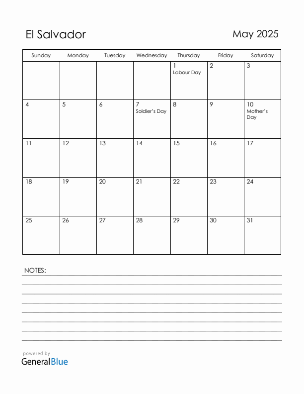 May 2025 El Salvador Calendar with Holidays (Sunday Start)