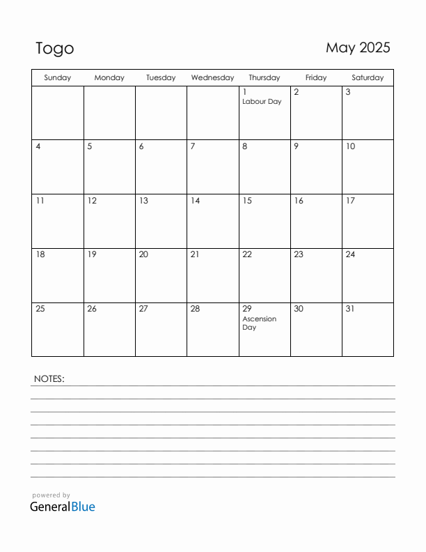 May 2025 Togo Calendar with Holidays (Sunday Start)