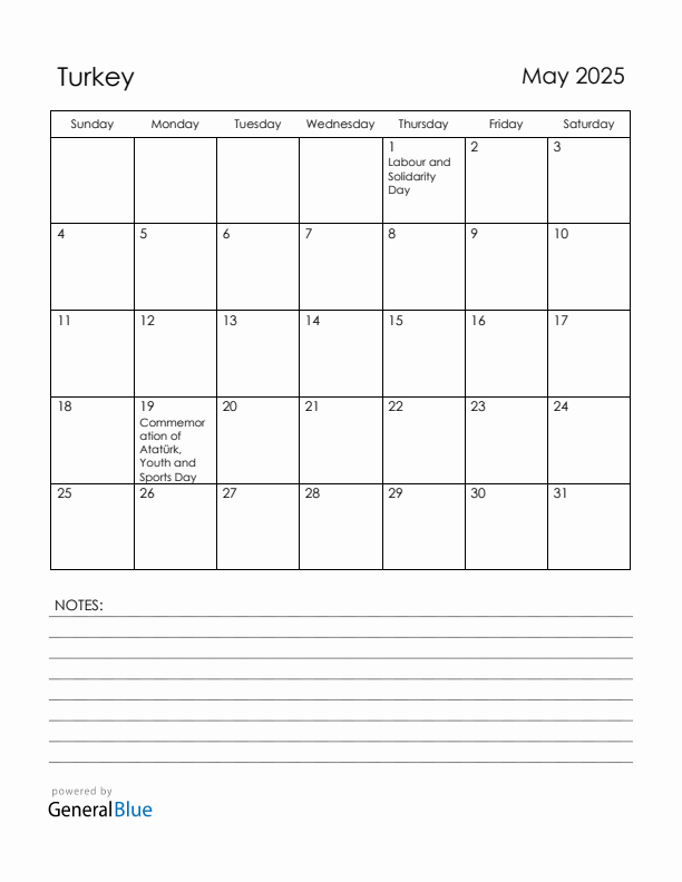 May 2025 Turkey Calendar with Holidays (Sunday Start)