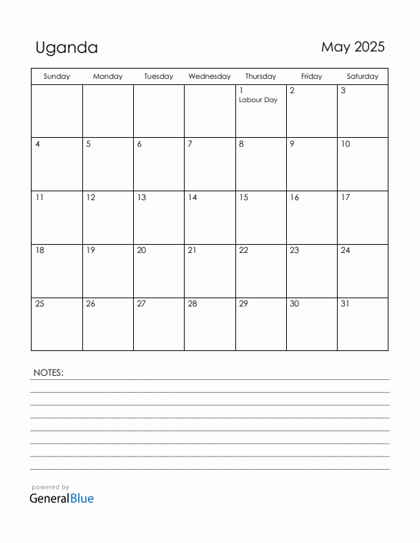 May 2025 Uganda Calendar with Holidays (Sunday Start)