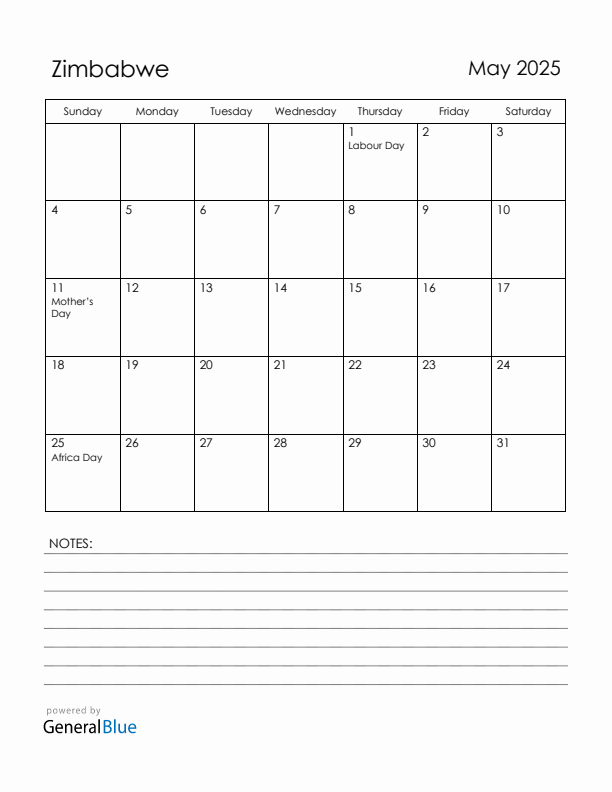 May 2025 Zimbabwe Calendar with Holidays (Sunday Start)