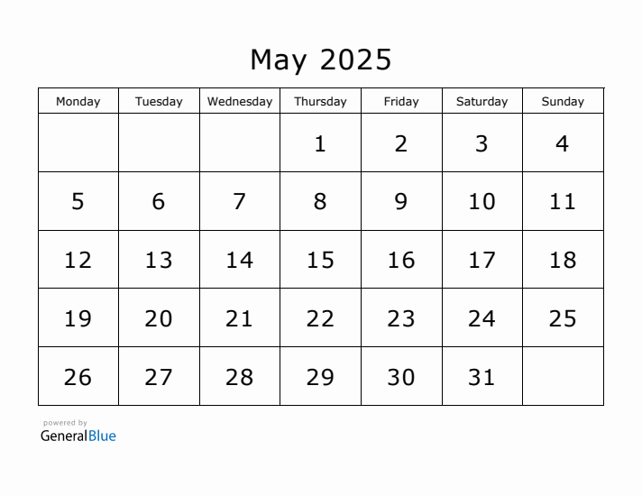 Printable May 2025 Calendar - Monday Start