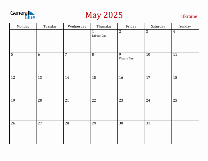 Ukraine May 2025 Calendar - Monday Start