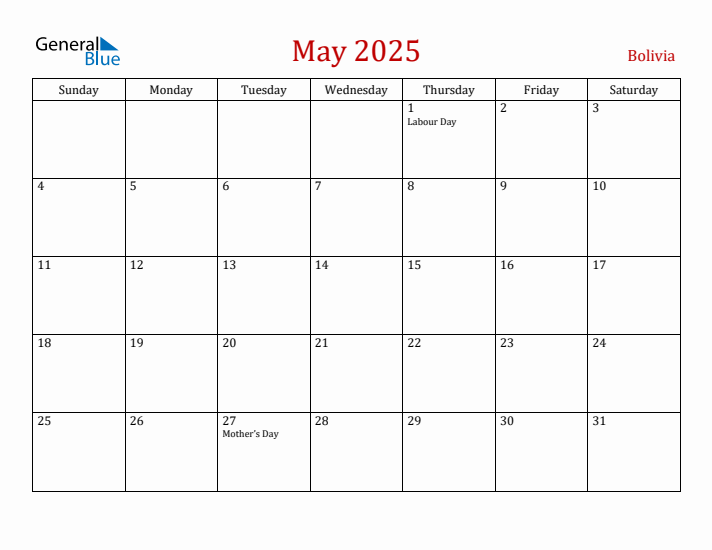 Bolivia May 2025 Calendar - Sunday Start