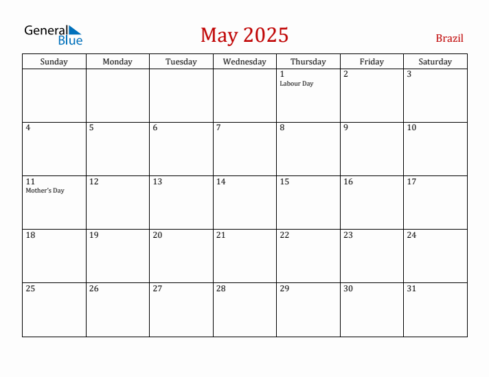 Brazil May 2025 Calendar - Sunday Start