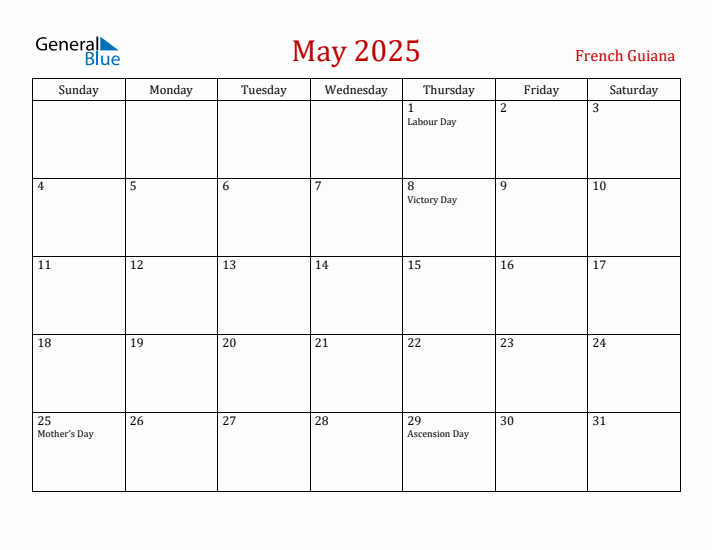 French Guiana May 2025 Calendar - Sunday Start