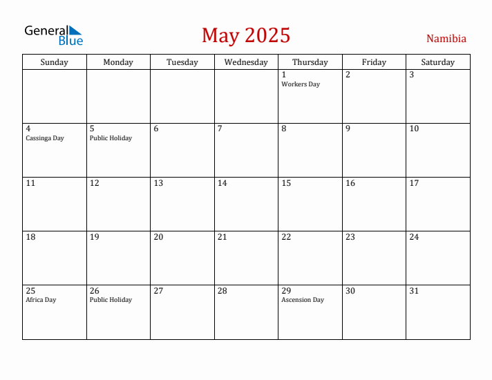 Namibia May 2025 Calendar - Sunday Start