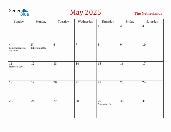 The Netherlands May 2025 Calendar - Sunday Start