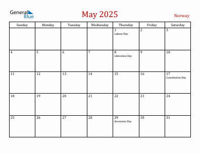 Current month calendar with Norway holidays for May 2025